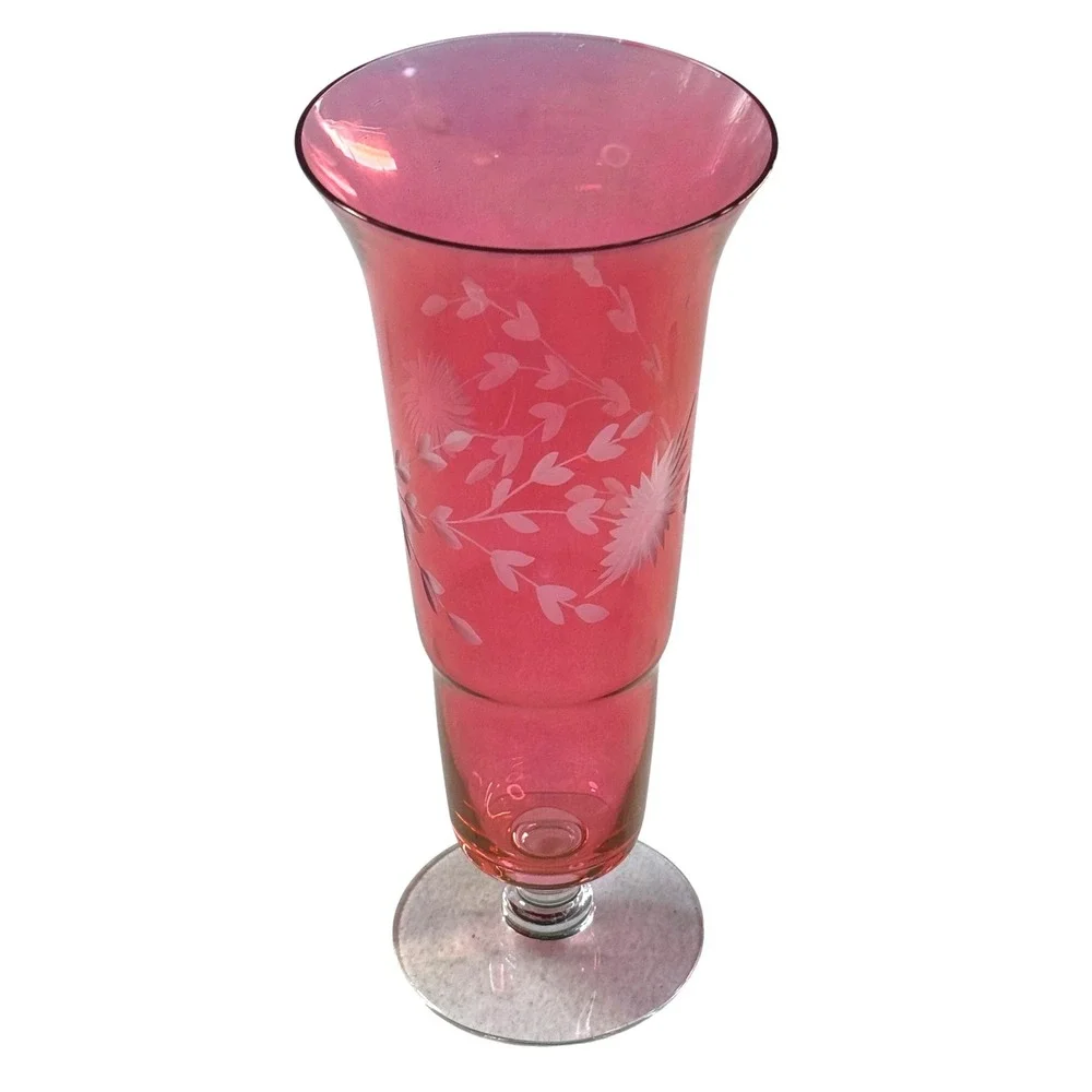 Cottagecore Cranberry Glass Vase Pink Etched Floral 10.5in Coquette Grandmacore